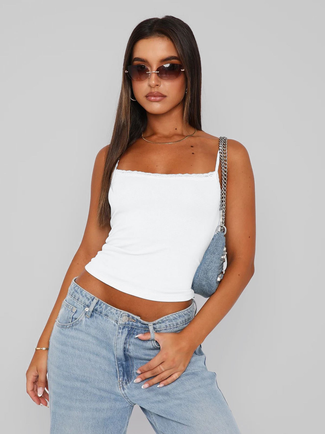 Lace Trim Cami Top Slim Fit Basic Tank