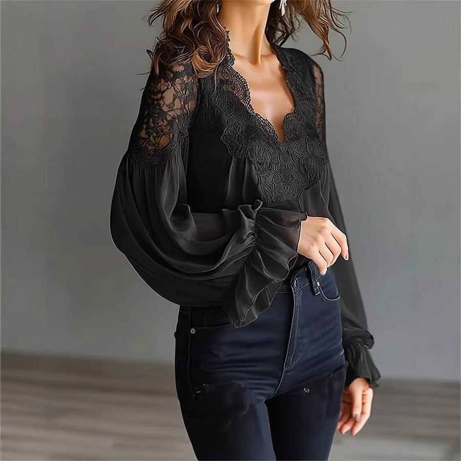 Women's Lace V Neck Puff Sleeve Pleated Blouse