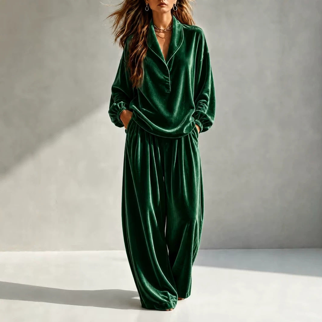 Women's Velvet Collared Lounge Set Wide Leg Pants