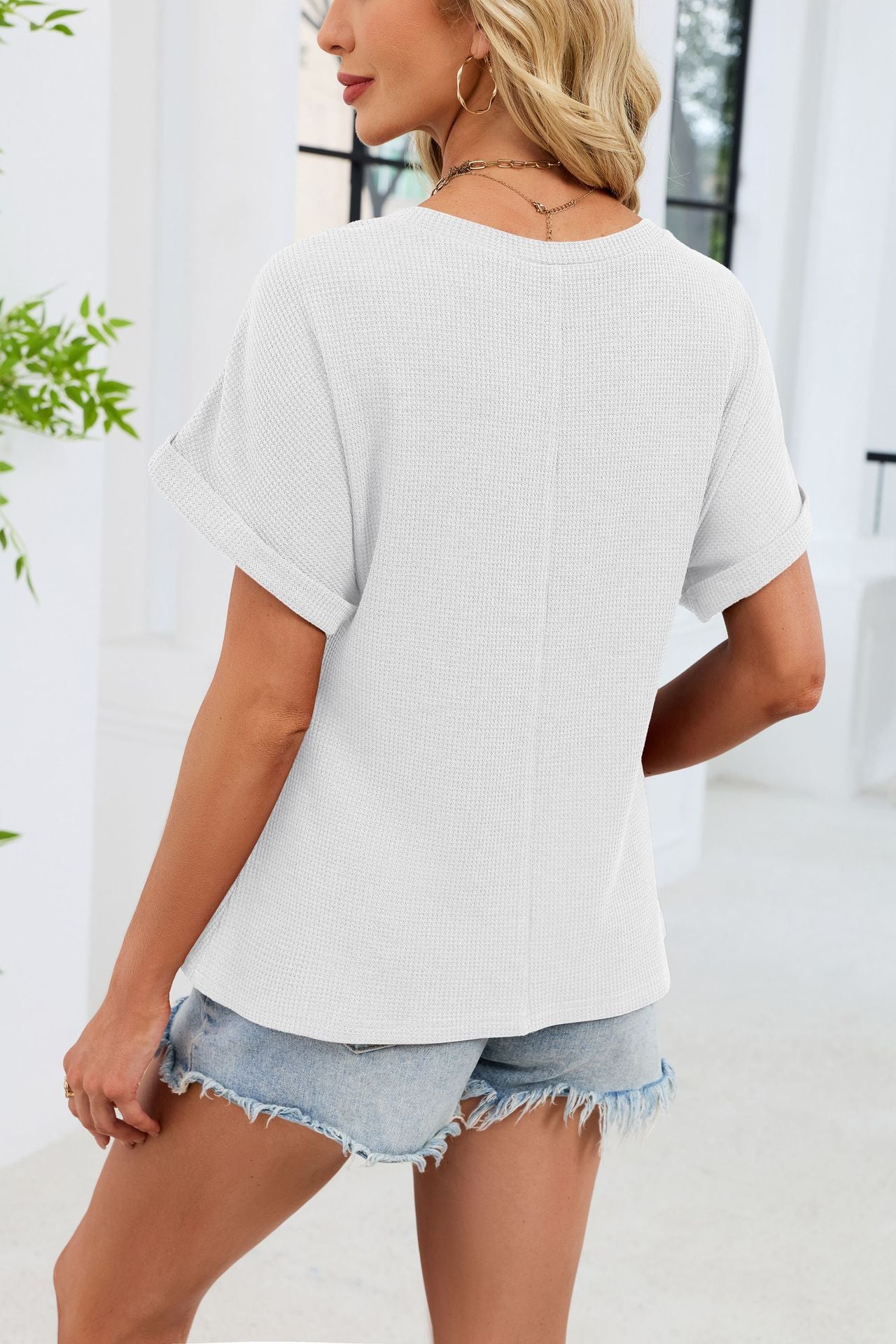 Crochet Lace Yoke Short Sleeve Waffle Knit Casual Top