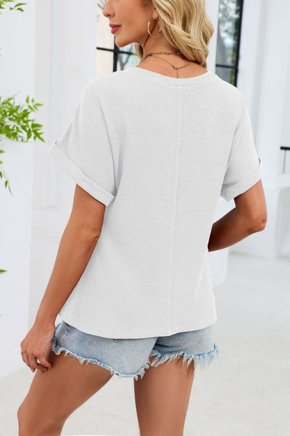 Crochet Lace Yoke Short Sleeve Waffle Knit Casual Top