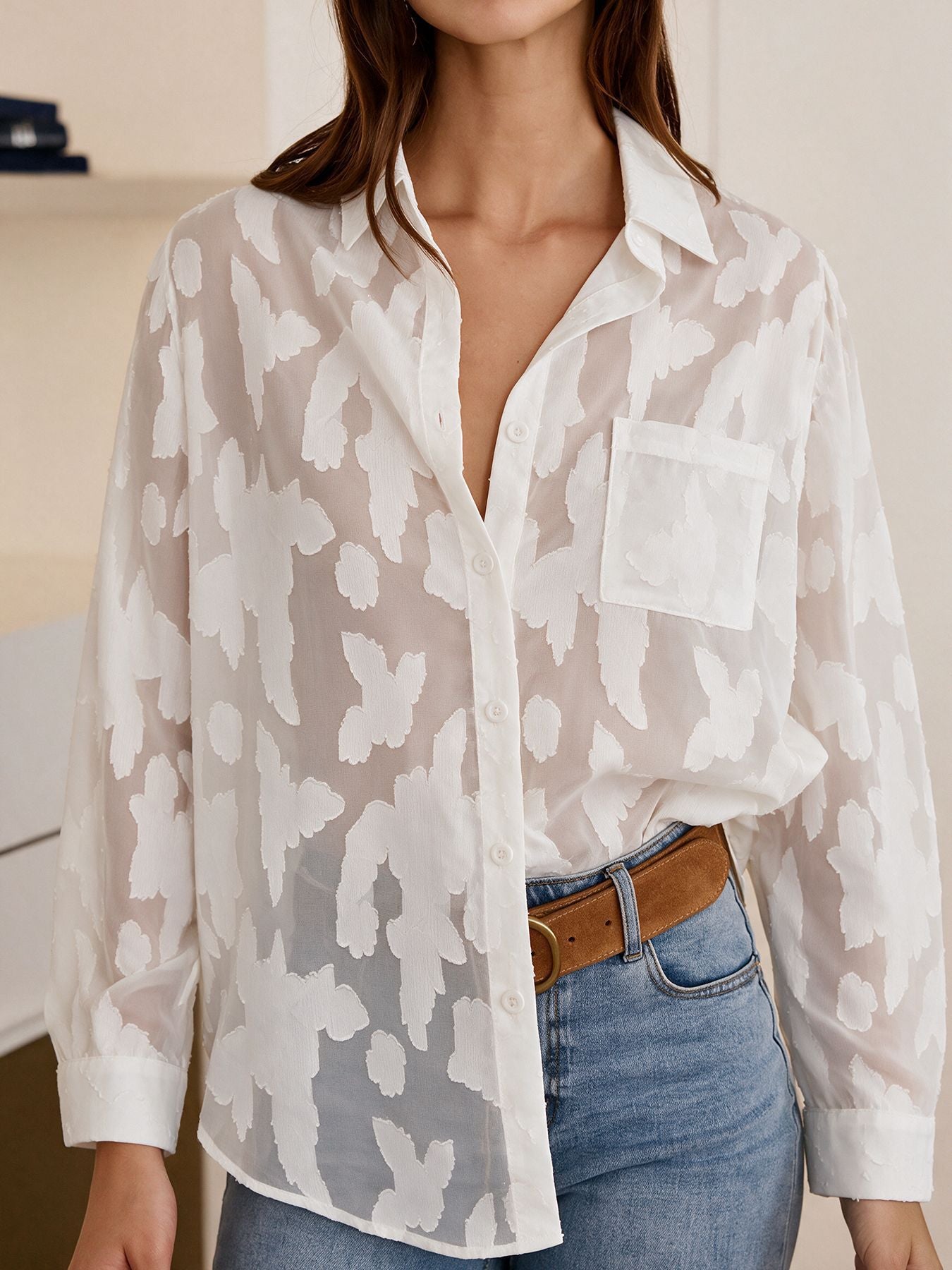 Women's Oversized Sheer Jacquard Button Up Blouse