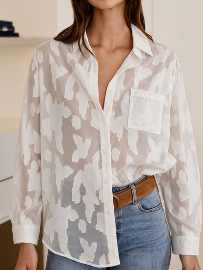 Women's Oversized Sheer Jacquard Button Up Blouse
