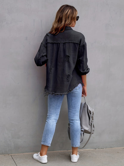 Women's Oversized Denim Jacket Distressed Frayed Hem
