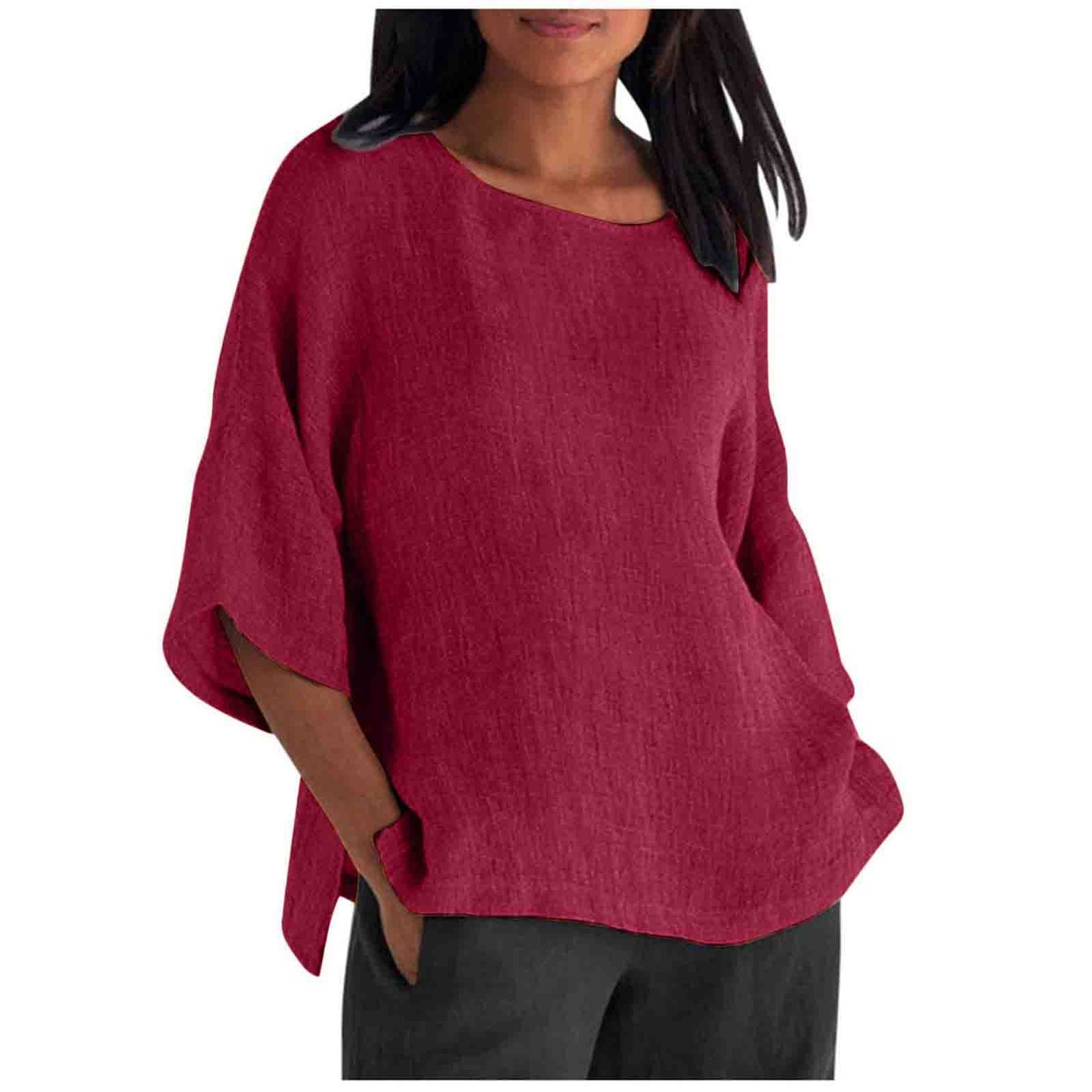 Women's Linen Top Oversized 3/4 Sleeve Round Neck 25 Colors