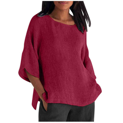 Women's Linen Top Oversized 3/4 Sleeve Round Neck 25 Colors