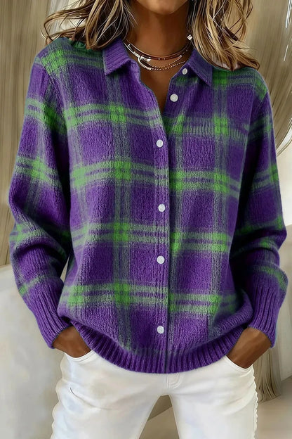 Plaid Collared Button Front Knit Cardigan