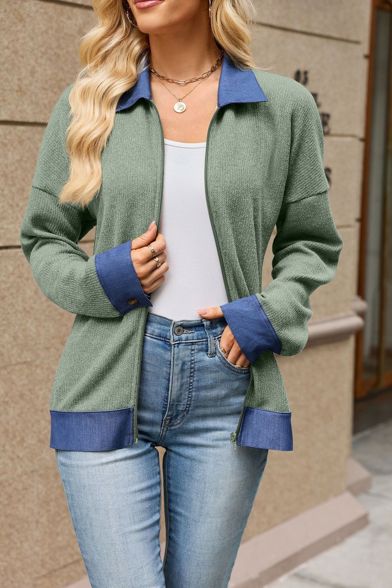 Women's Denim Contrast Zip Jacket Collared Long Sleeve