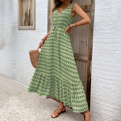Boho Geometric Print Midi Dress Sleeveless V Neck Dress