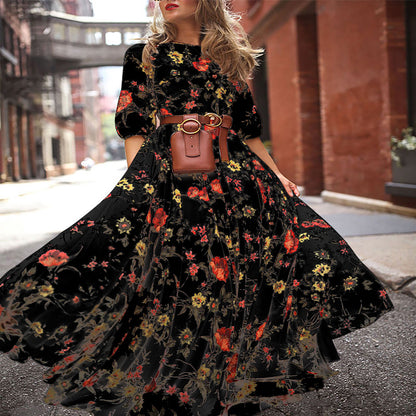 Women's Floral Maxi Dress Long Sleeve A-Line Flowy
