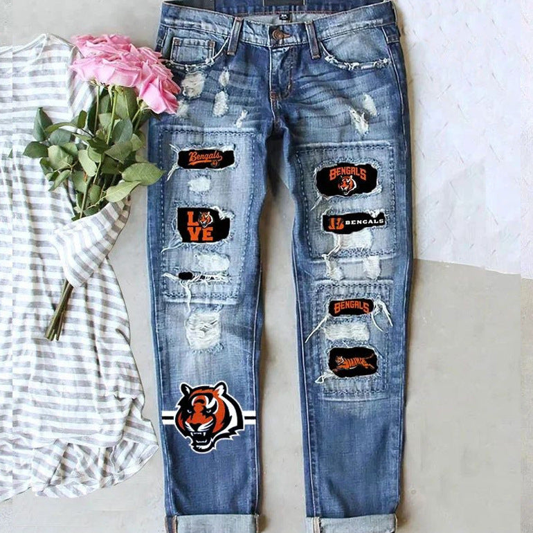 Distressed Straight Leg Jeans  with Bold Patch Game Day