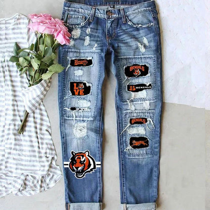 Distressed Straight Leg Jeans  with Bold Patch Game Day