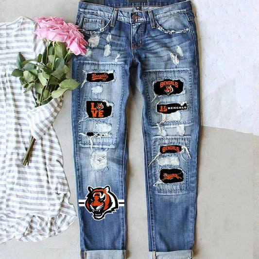 Distressed Straight Leg Jeans  with Bold Patch Game Day