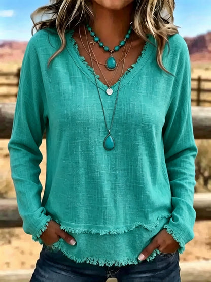 Women's Frayed Hem V-Neck Long Sleeve Casual Top
