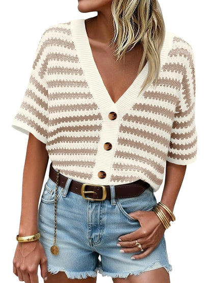 Striped Crochet Cardigan V Neck Button Knit Top