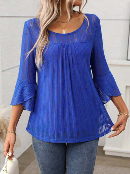 Elegant Round Neck Lotus Leaf Sleeve Mesh Top