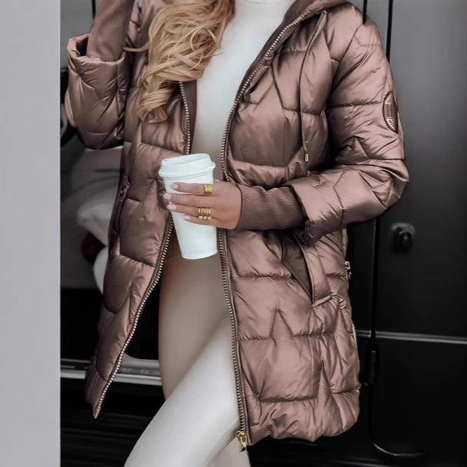 Women's Hooded Quilted Puffer Coat with Faux Fur Trim