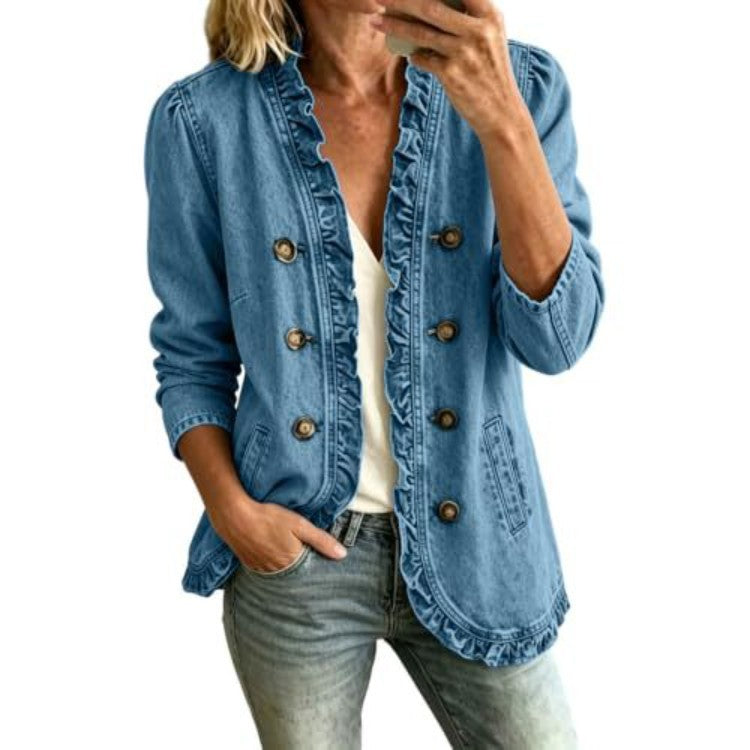 Women's Ruffle Button Down Denim Jacket Long Sleeve Casual
