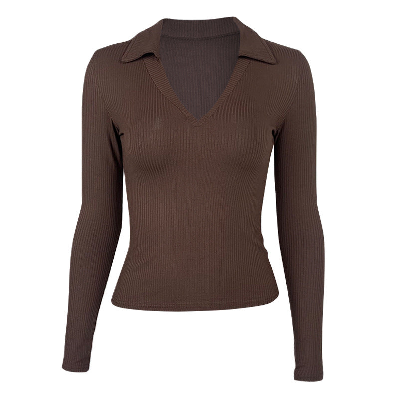 Women's Ribbed Polo V Neck Long Sleeve Fitted Top