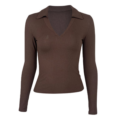 Women's Ribbed Polo V Neck Long Sleeve Fitted Top