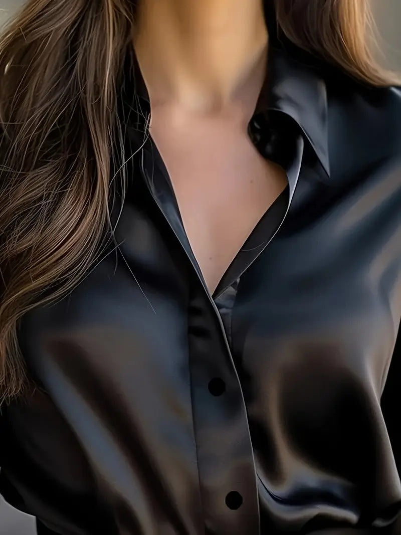 Women's Satin Long Sleeve Button Up V-Neck Blouse