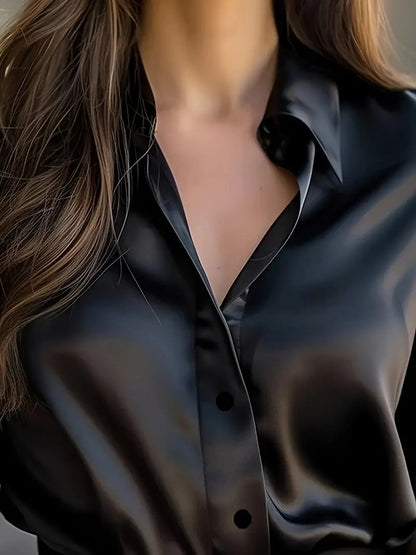 Women's Satin Long Sleeve Button Up V-Neck Blouse