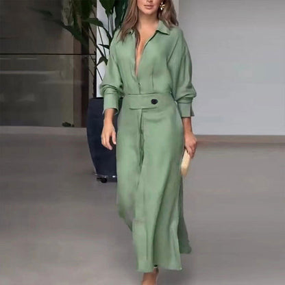 Women's Belted Long Sleeve Maxi Shirt Dress V-Neck