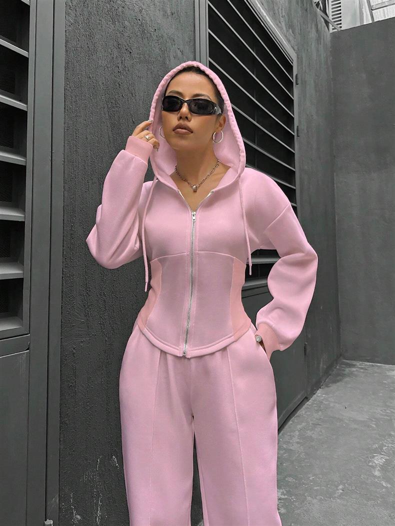 Fitted Zip Hoodie Wide Leg Sweatpants Two Piece Set