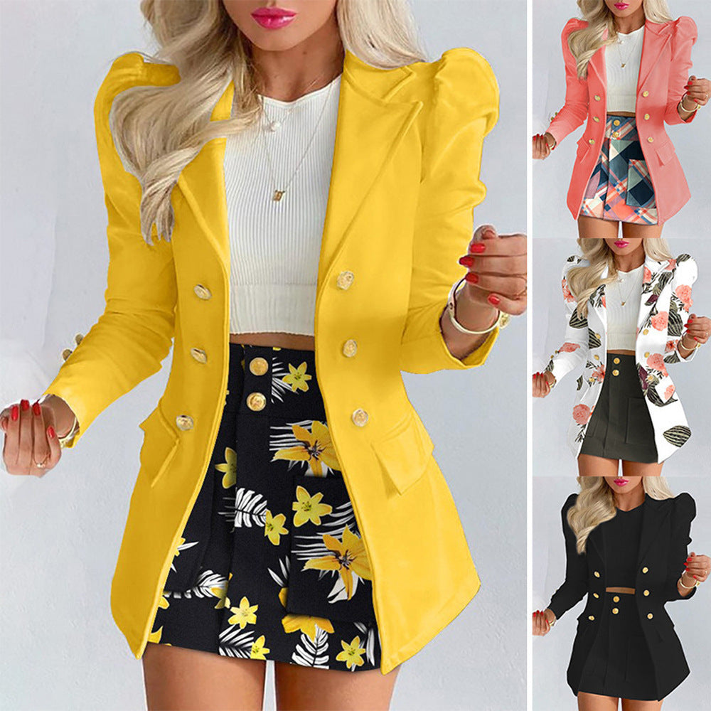 Women's Puff Sleeve Blazer Two Piece Skirt Set