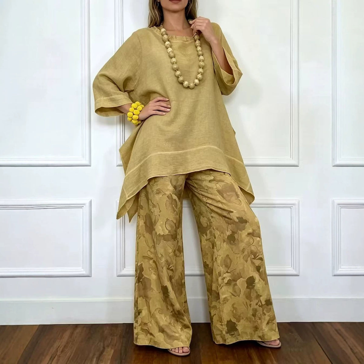 Women's Linen Set Asymmetric Top & Floral Wide Leg Pants