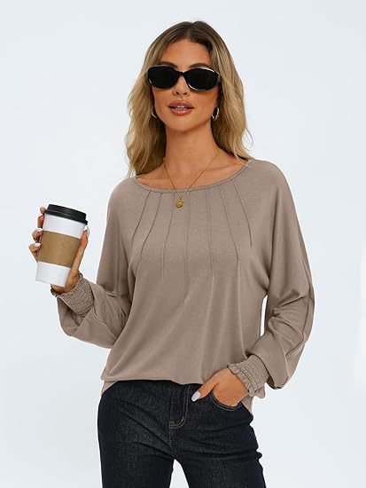 Women's Pleated Crewneck Balloon Sleeve Oversized Top