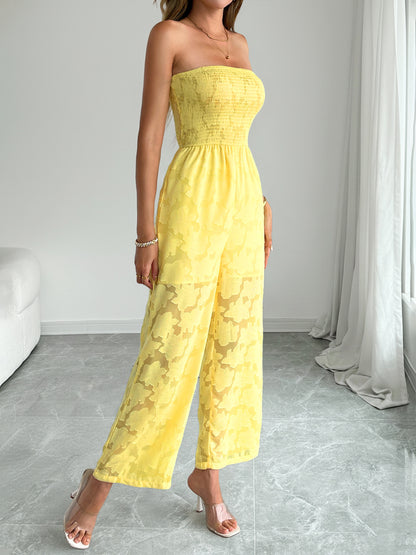 Yellow Lace Strapless Jumpsuit Sheer Wide Leg Summer