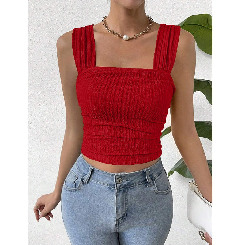 Square Neck Sleeveless Smocked Crop Tank Top