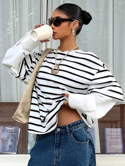 Striped layered look top relaxed long sleeve