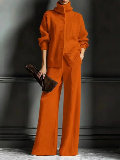 Women's Knit Turtleneck Cardigan Wide Leg Pants Set