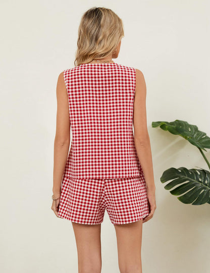 Gingham V Neck Button Vest Shorts Set Summer Outfit