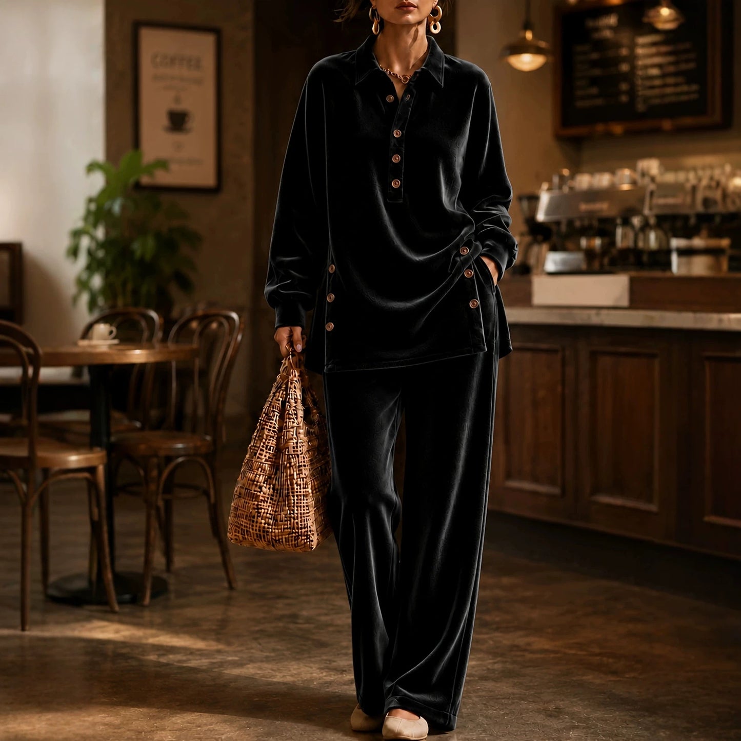 Women's Velvet Lounge Set Casual Button Two Piece Pants