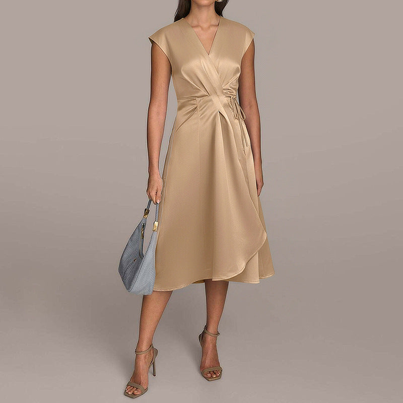 Satin V Neck Wrap Midi Dress Tie Waist Elegant