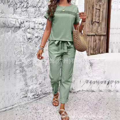 Women's Cotton Tie Waist Two Piece Pants Set