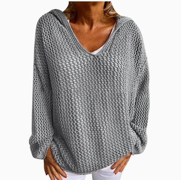 Oversized Hooded Open Knit Sweater V-Neck Pullover