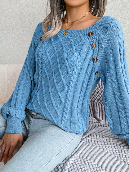 2025 Fall Winter Casual Square Neck Button Detail Cable Knit Sweater