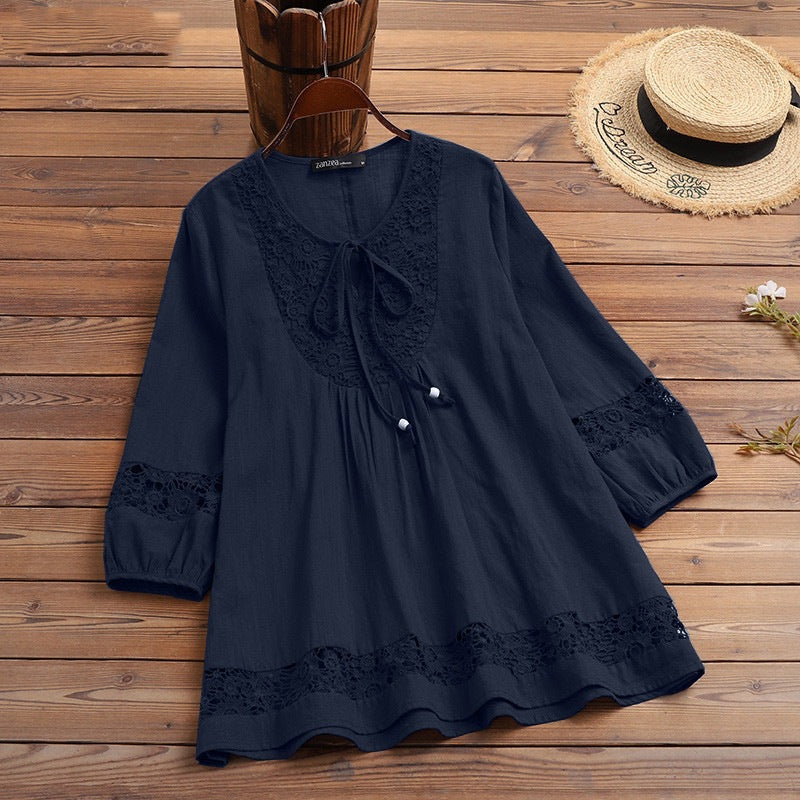 Women's Boho Lace Cotton Linen 3/4 Sleeve Tunic Blouse