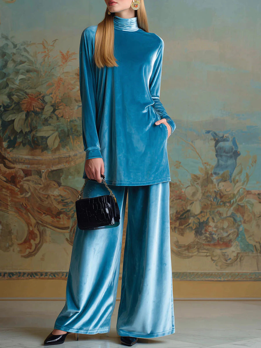 Velvet Turtleneck Wide Leg Pants Lounge Set