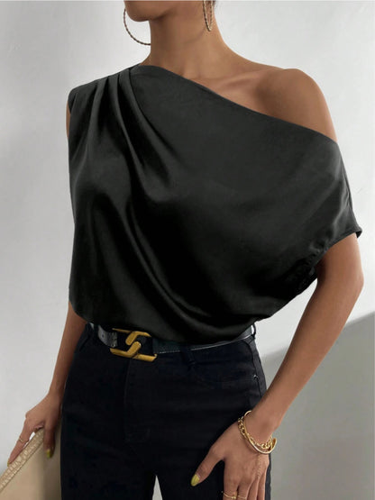 Satin One Shoulder Draped Blouse Sleeveless Top