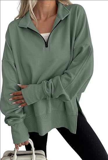Oversized Half Zip Sweatshirt Side Slit Pullover Tunic