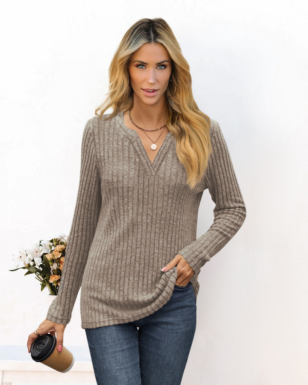Solid Ribbed V Neck Long Sleeve Top Casual Knit Tee
