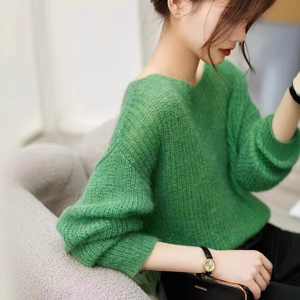 Womens Fuzzy Oversized Sheer Sweater Boat Neck White
