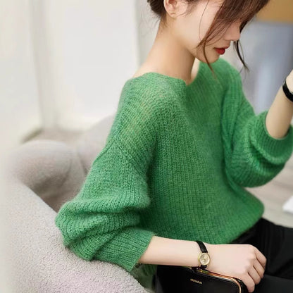 Womens Fuzzy Oversized Sheer Sweater Boat Neck White