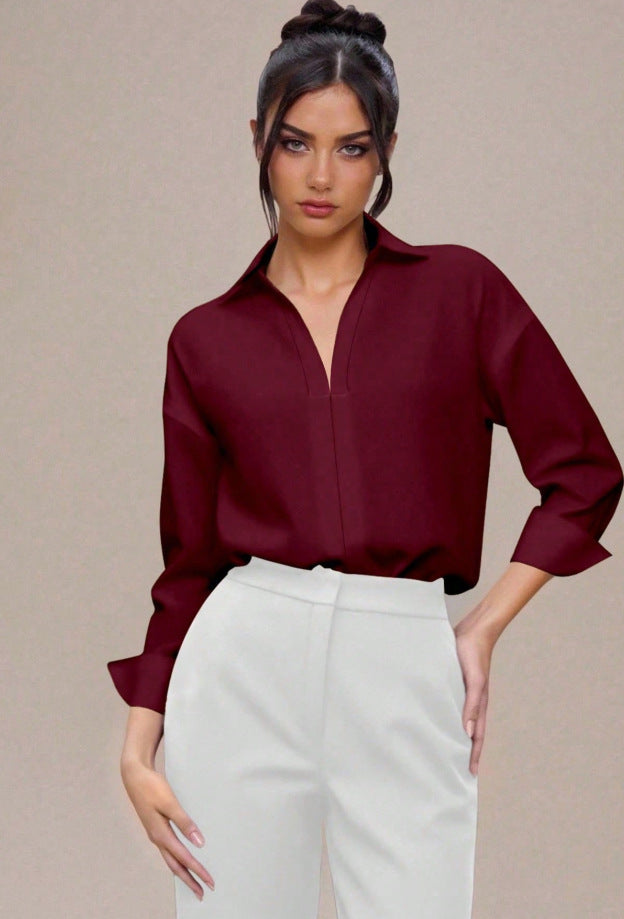 Women's V Neck Collared Business Casual Blouse Long Sleeve