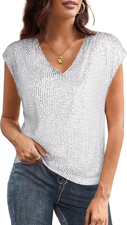 Women's V-Neck Sequin Tank Top – Sleeveless Summer Party Blouse
